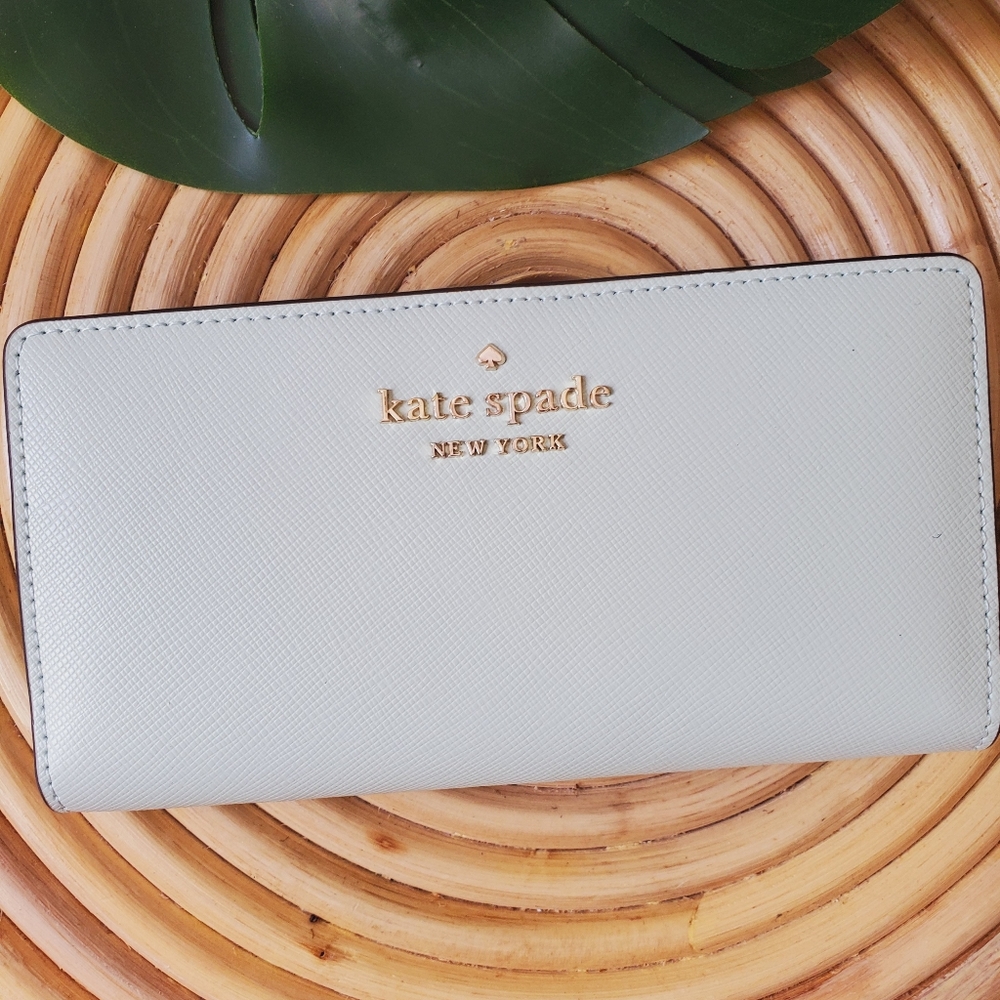 🆕 Kate Spade Staci saffiano leather large slim bifold wallet crystal blue mint
